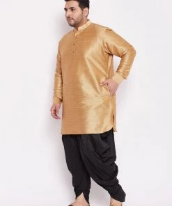 VASTRAMAY Men's Plus Size Rose Gold Silk Blend Kurta And Black Dhoti Pant Set