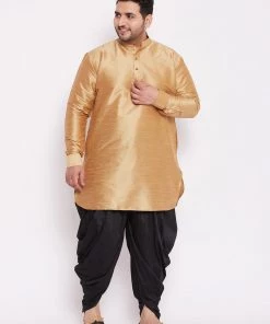 VASTRAMAY Men's Plus Size Rose Gold Silk Blend Kurta And Black Dhoti Pant Set