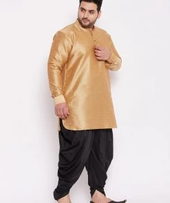VASTRAMAY Men's Plus Size Rose Gold Silk Blend Kurta And Black Dhoti Pant Set
