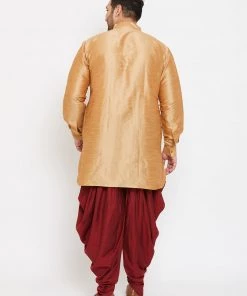 VASTRAMAY Men's Plus Size Rose Gold Silk Blend Kurta And Maroon Dhoti Pant Set