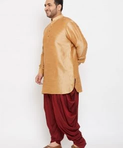 VASTRAMAY Men's Plus Size Rose Gold Silk Blend Kurta And Maroon Dhoti Pant Set