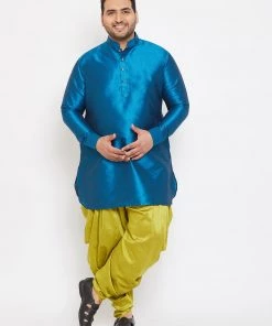 Vastramay Plus Size Collection Men's Plus Size Turquoise Silk Blend Kurta And Dhoti Pant Set