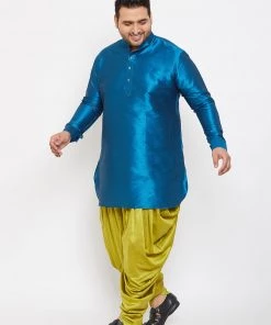 Vastramay Plus Size Collection Men's Plus Size Turquoise Silk Blend Kurta And Dhoti Pant Set