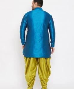 Vastramay Plus Size Collection Men's Plus Size Turquoise Silk Blend Kurta And Dhoti Pant Set