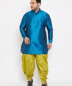 Vastramay Plus Size Collection Men's Plus Size Turquoise Silk Blend Kurta And Dhoti Pant Set