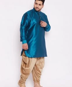 VASTRAMAY Men's Plus Size Turquoise Silk Blend Kurta And Rose Gold Dhoti Pant Set Plus Size Collection