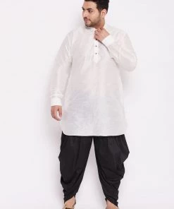 Vastramay Men's Plus Size White Silk Blend Kurta And Black Dhoti Pant Set