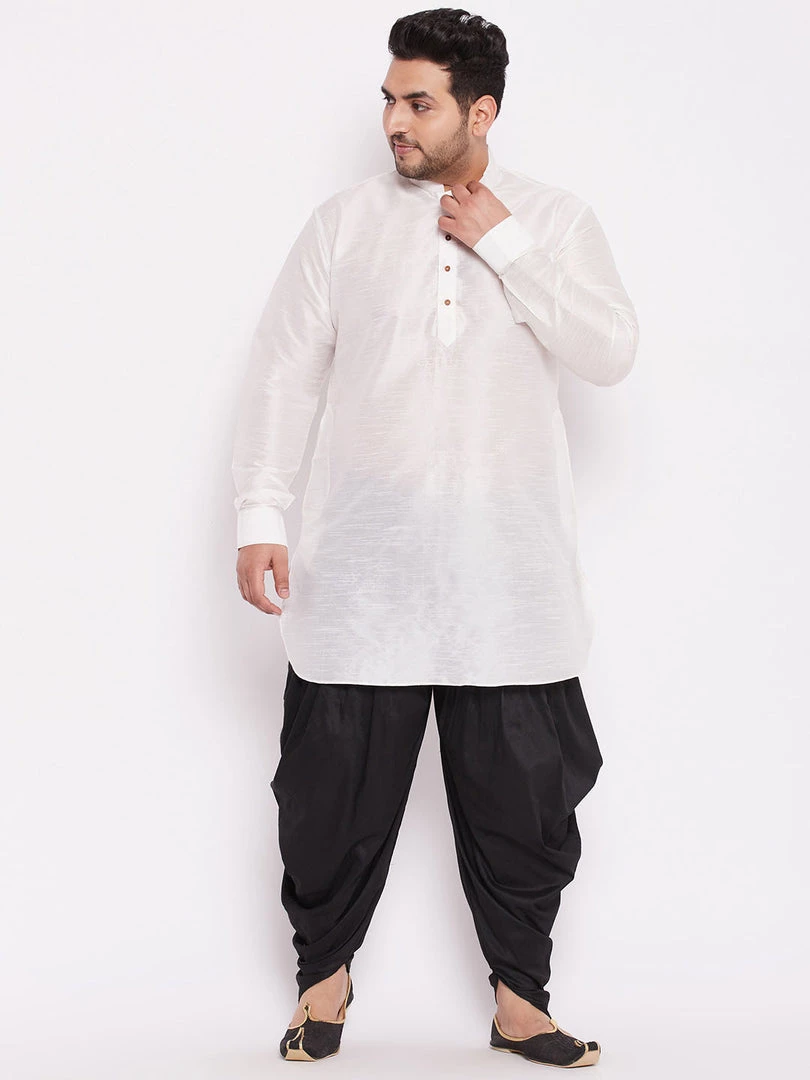 Vastramay Men's Plus Size White Silk Blend Kurta And Black Dhoti Pant Set 3 Vastramay Men's Plus Size White Silk Blend Kurta And Black Dhoti Pant Set