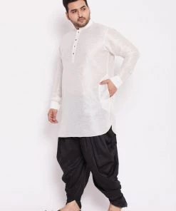 Vastramay Men's Plus Size White Silk Blend Kurta And Black Dhoti Pant Set