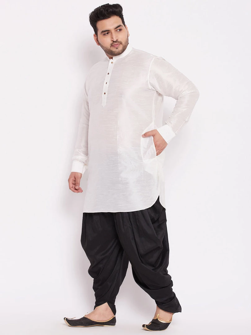 Vastramay Men's Plus Size White Silk Blend Kurta And Black Dhoti Pant Set 4 Vastramay Men's Plus Size White Silk Blend Kurta And Black Dhoti Pant Set