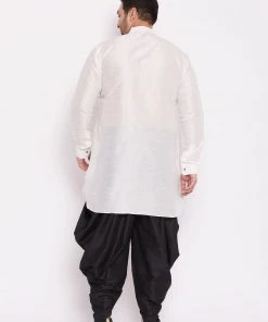 Vastramay Men's Plus Size White Silk Blend Kurta And Black Dhoti Pant Set 12 Vastramay Men's Plus Size White Silk Blend Kurta And Black Dhoti Pant Set