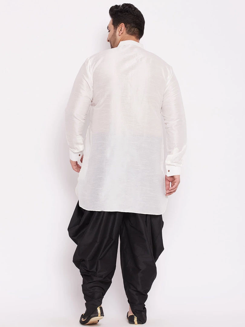Vastramay Men's Plus Size White Silk Blend Kurta And Black Dhoti Pant Set 5 Vastramay Men's Plus Size White Silk Blend Kurta And Black Dhoti Pant Set