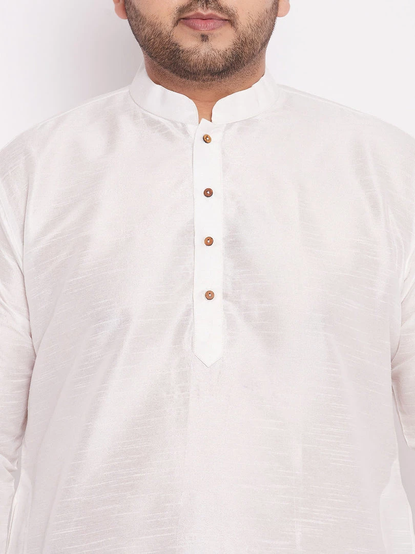 Vastramay Men's Plus Size White Silk Blend Kurta And Black Dhoti Pant Set 6 Vastramay Men's Plus Size White Silk Blend Kurta And Black Dhoti Pant Set