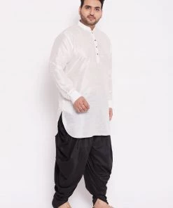 Vastramay Men's Plus Size White Silk Blend Kurta And Black Dhoti Pant Set 15 Vastramay Men's Plus Size White Silk Blend Kurta And Black Dhoti Pant Set