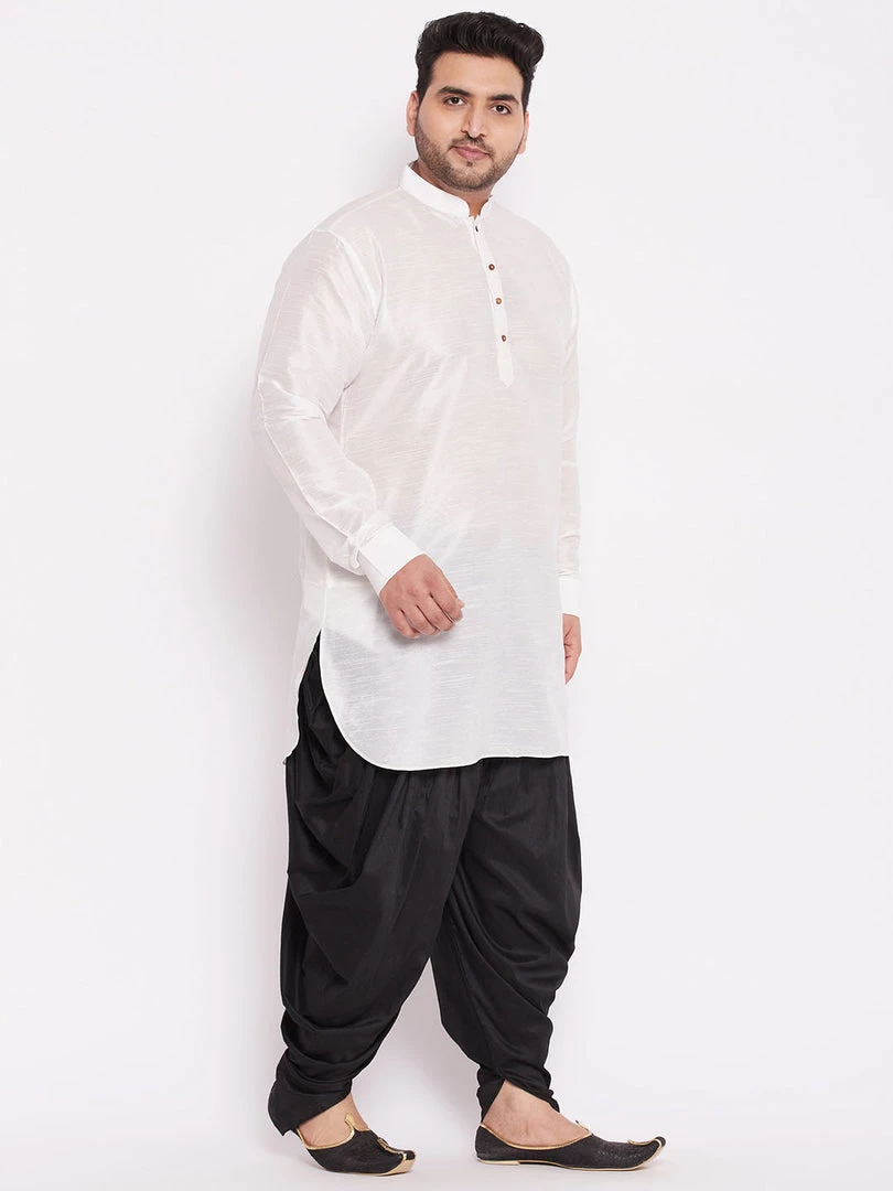 Vastramay Men's Plus Size White Silk Blend Kurta And Black Dhoti Pant Set 8 Vastramay Men's Plus Size White Silk Blend Kurta And Black Dhoti Pant Set