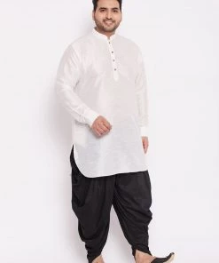 Vastramay Men's Plus Size White Silk Blend Kurta And Black Dhoti Pant Set 16 Vastramay Men's Plus Size White Silk Blend Kurta And Black Dhoti Pant Set