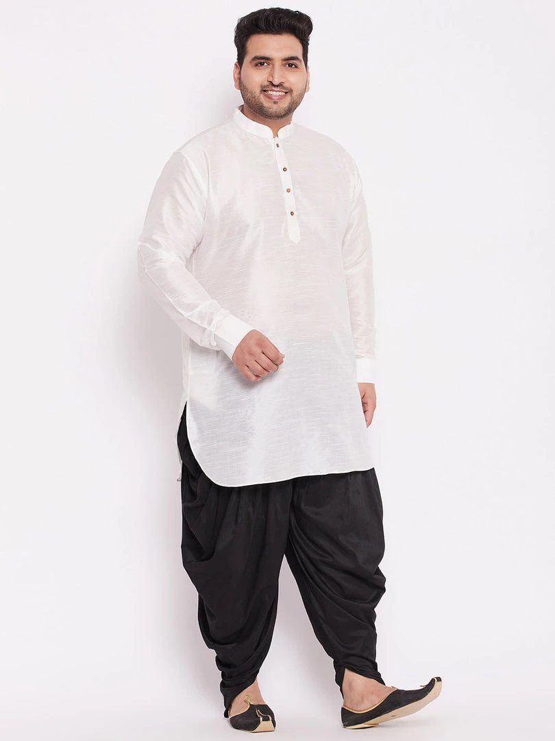 Vastramay Men's Plus Size White Silk Blend Kurta And Black Dhoti Pant Set 9 Vastramay Men's Plus Size White Silk Blend Kurta And Black Dhoti Pant Set