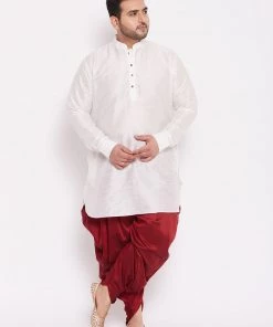 Vastramay Men's Plus Size White Silk Blend Kurta And Maroon Dhoti Pant Set