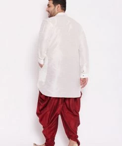 Vastramay Men's Plus Size White Silk Blend Kurta And Maroon Dhoti Pant Set