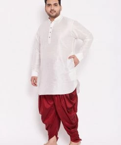 Vastramay Men's Plus Size White Silk Blend Kurta And Maroon Dhoti Pant Set