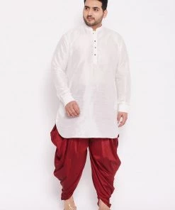 Vastramay Men's Plus Size White Silk Blend Kurta And Maroon Dhoti Pant Set