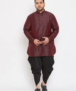Plus Size Collection VASTRAMAY Men's Plus Size Wine Silk Blend Kurta And Dhoti Pant Set