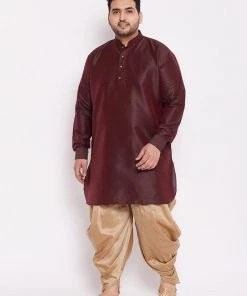 Plus Size Collection VASTRAMAY Men's Plus Size Wine Silk Blend Kurta AndRose Gold Dhoti Pant Set