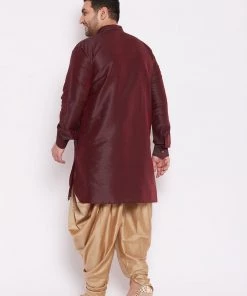 Plus Size Collection VASTRAMAY Men's Plus Size Wine Silk Blend Kurta AndRose Gold Dhoti Pant Set