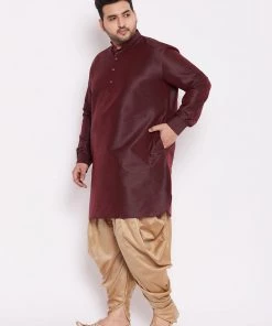 Plus Size Collection VASTRAMAY Men's Plus Size Wine Silk Blend Kurta AndRose Gold Dhoti Pant Set