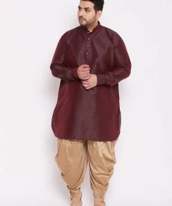 Plus Size Collection VASTRAMAY Men's Plus Size Wine Silk Blend Kurta AndRose Gold Dhoti Pant Set
