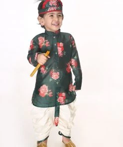 VASTRAMAY SISHU Infant Boys Multicolor-Base-Green Cotton Blend Kurta And Dhoti Set