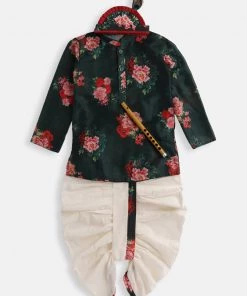 VASTRAMAY SISHU Infant Boys Multicolor-Base-Green Cotton Blend Kurta And Dhoti Set