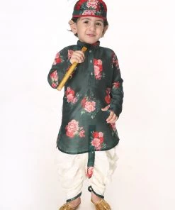 VASTRAMAY SISHU Infant Boys Multicolor-Base-Green Cotton Blend Kurta And Dhoti Set