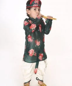 VASTRAMAY SISHU Infant Boys Multicolor-Base-Green Cotton Blend Kurta And Dhoti Set