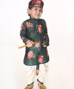 VASTRAMAY SISHU Infant Boys Multicolor-Base-Green Cotton Blend Kurta And Dhoti Set