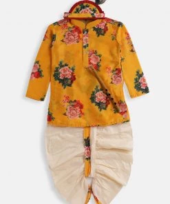 VASTRAMAY SISHU Infant Boys Multicolor-Base-Yellow Cotton Blend Kurta And Dhoti Set