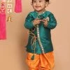 Boys VASTRAMAY SISHU Boy's Green Embroidered Angrakha Mirror Work Kurta With Dhoti Pants