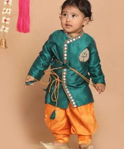 Boys VASTRAMAY SISHU Boy's Green Embroidered Angrakha Mirror Work Kurta With Dhoti Pants