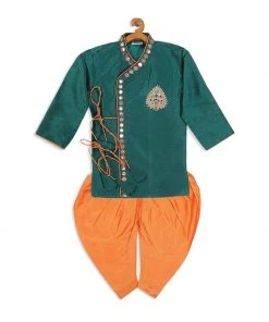 Boys VASTRAMAY SISHU Boy's Green Embroidered Angrakha Mirror Work Kurta With Dhoti Pants