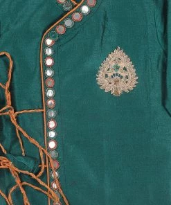 Boys VASTRAMAY SISHU Boy's Green Embroidered Angrakha Mirror Work Kurta With Dhoti Pants