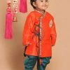 VASTRAMAY SISHU Boys Orange Embroidered Angrakha Mirror Work Kurta With Dhoti Pants