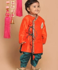 VASTRAMAY SISHU Boys Orange Embroidered Angrakha Mirror Work Kurta With Dhoti Pants