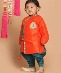 VASTRAMAY SISHU Boys Orange Embroidered Angrakha Mirror Work Kurta With Dhoti Pants