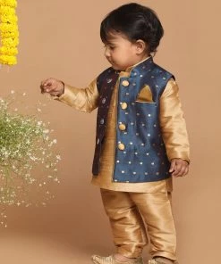 VASTRAMAY SISHU Boy's Gold-toned Ethnic Motifs Kurta & Churidar With Blue Nehru Jacket