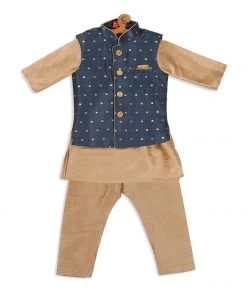 VASTRAMAY SISHU Boy's Gold-toned Ethnic Motifs Kurta & Churidar With Blue Nehru Jacket