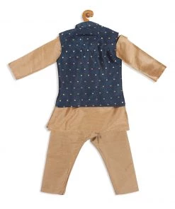 VASTRAMAY SISHU Boy's Gold-toned Ethnic Motifs Kurta & Churidar With Blue Nehru Jacket