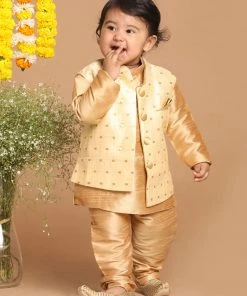 Boys VASTRAMAY SISHU Boy's Rose Gold Kurta And Pajama With Gold Jacket