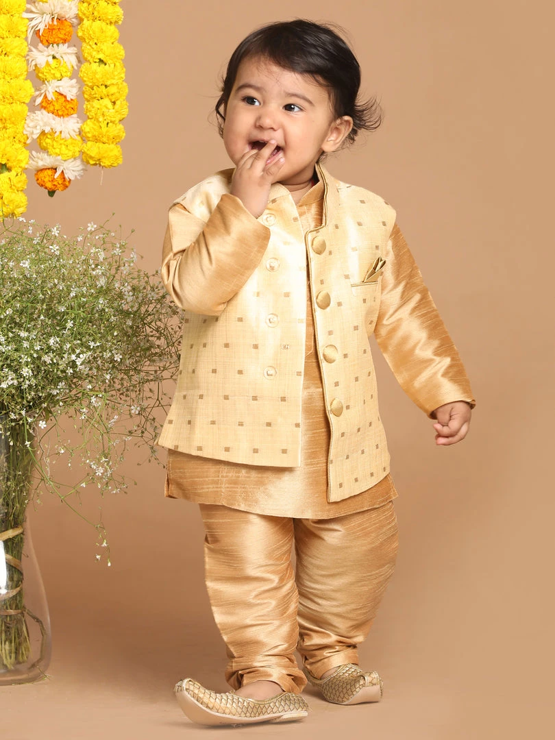 Boys VASTRAMAY SISHU Boy's Rose Gold Kurta And Pajama With Gold Jacket 3 Boys VASTRAMAY SISHU Boy's Rose Gold Kurta And Pajama With Gold Jacket