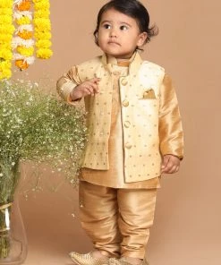 Boys VASTRAMAY SISHU Boy's Rose Gold Kurta And Pajama With Gold Jacket