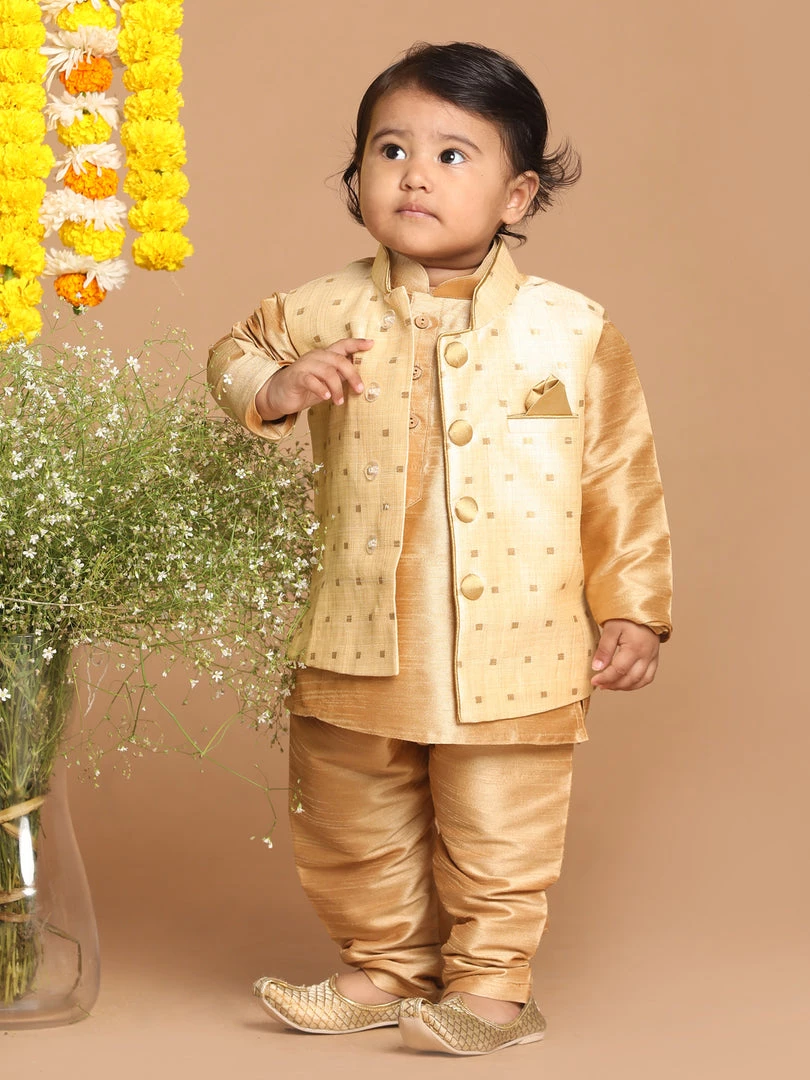 Boys VASTRAMAY SISHU Boy's Rose Gold Kurta And Pajama With Gold Jacket 4 Boys VASTRAMAY SISHU Boy's Rose Gold Kurta And Pajama With Gold Jacket